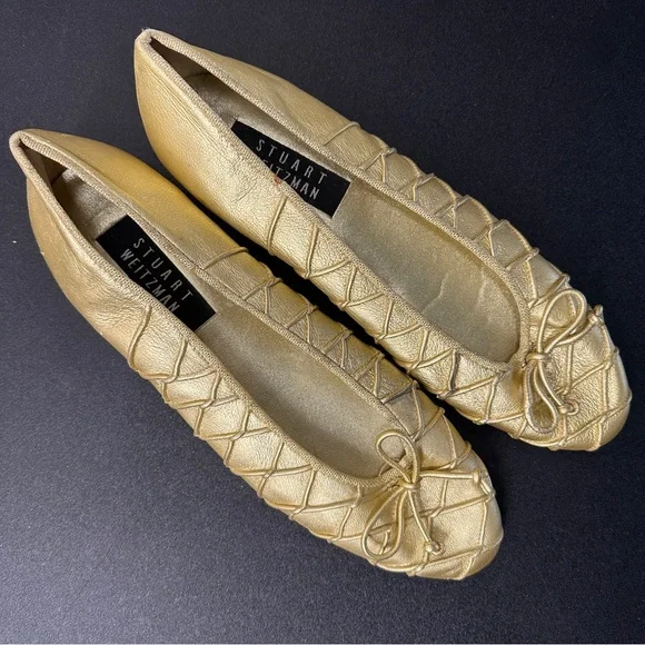 Stuart Weitzman Metallic Gold Quilted Ballet Flats with Bow - Picture 6 of 6